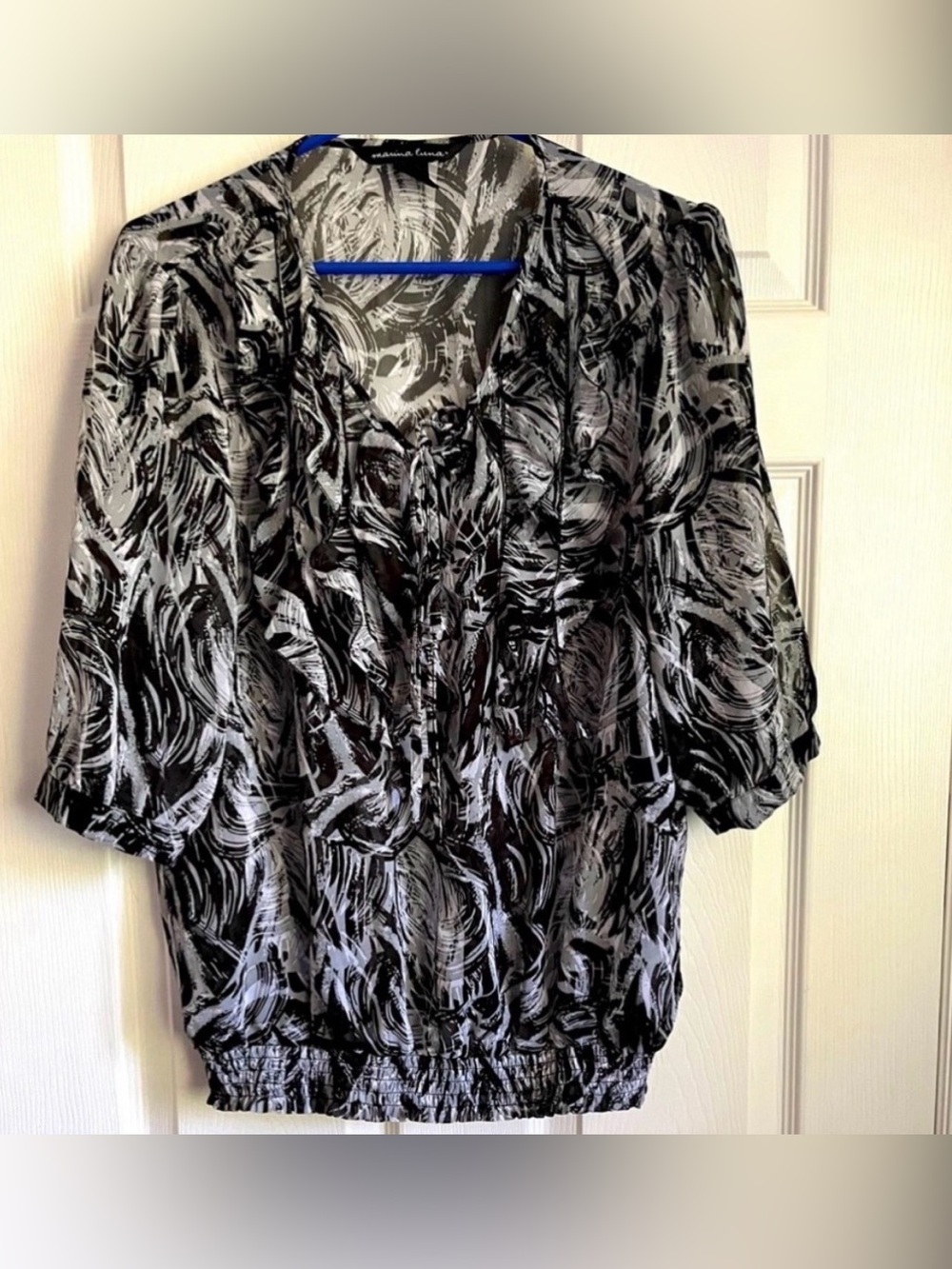 Marina Luna Black & White Abstract Tie-Neck Blouse